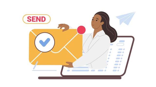 Email delivery concept reveals a woman holding an oversized checked envelope above a laptop interface, with a send button and paper plane, isolated on white background animated illustration