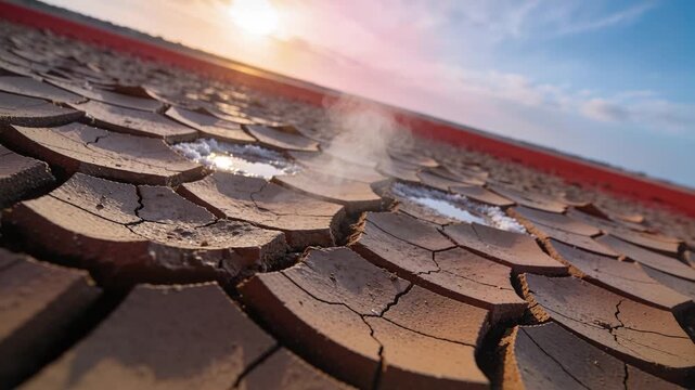 Low sun intensifying over polygonal cracked plates at salt flat, lifting steam from shallow puddles