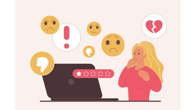 Negative online feedback concept showing a worried woman at her laptop as a one-star rating appears with angry emojis, dislike symbols and a broken heart, flat animated illustration