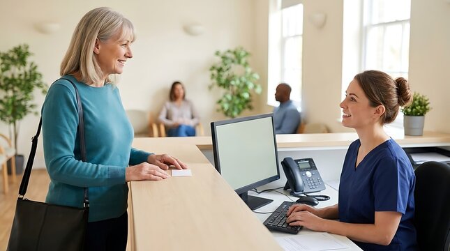 Friendly female receptionist in blue medical scrubs assisting a mature woman client at dental clinic counter with computer monitor and office phone present.