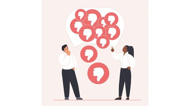 Negative feedback concept with two colleagues discussing criticism as red thumbs down icons fill a speech bubble, expressing dissatisfaction with business performance in an animated illustration