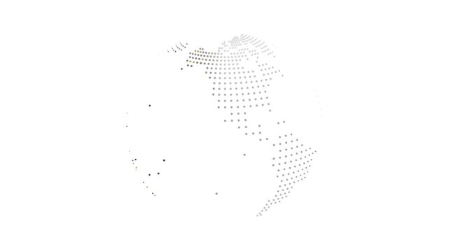 A dotted Earth concept globe rotates, revealing continents formed from gray points with scattered gold accents, creating a minimalist world map isolated on white background animated illustration