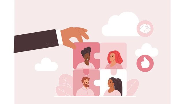 Human resources concept with a hand fitting an employee portrait puzzle piece into a diverse team, accompanied by handshake and approval icons on a pink background, animated illustration
