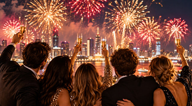 Group of elegant friends celebrating New Year's Eve with champagne glasses raised in a festive toast, spectacular golden and red fireworks illuminating the city skyline at midnight