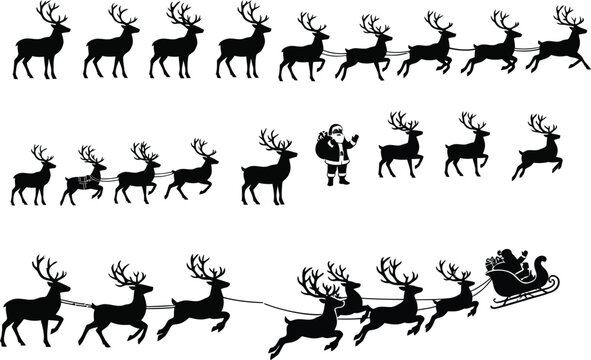 Reindeer and Santa Sleigh Procession Silhouettes