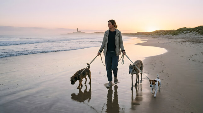 Woman walking three dogs on a wet sandy beach at sunset with soft golden light reflecting on the water, calm ocean waves, distant lighthouse, peaceful lifestyle scene, commercial stock photography
