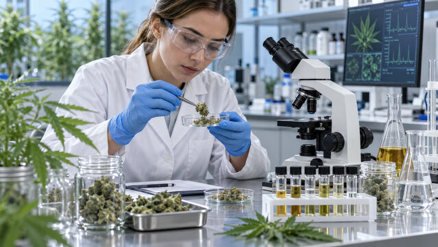 Scientist in lab examining cannabis buds with microscope, vials, and glassware