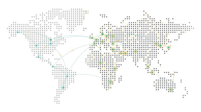 Global connectivity concept with a dotted world map revealing international links, flowing signals and shifting day to night shading, isolated on white background animated illustration