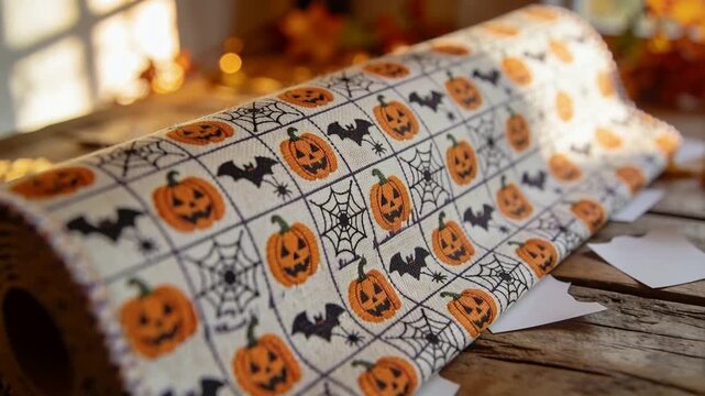 Shifting camera revealing roll with jack-o'-lanterns, cardboard core on rustic table