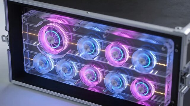 Powering on LED flight case, discs spinning and LEDs cycling for demo at studio tabletop