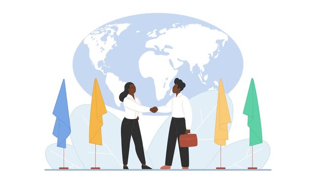 International diplomacy concept with two delegates meeting for a formal handshake beneath a large world map as colorful flags appear, isolated on white background animated illustration