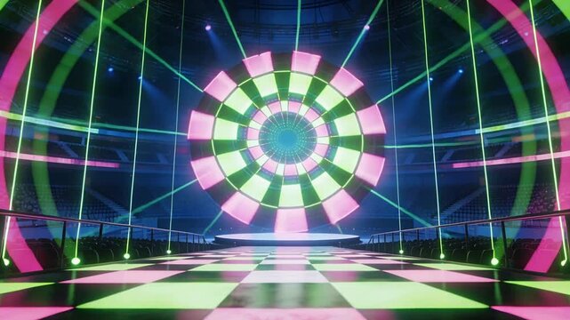 Starting cue pulsing LED disk, sending radial green lasers over stage and checker walkway for show