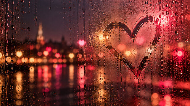 Romantic heart drawn on a rain covered window with glowing red and pink city lights in the background, dreamy love symbol with raindrops and blurred bokeh on a moody evening