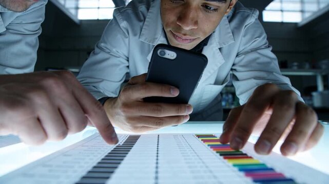 Pointing tech in labcoat causing partner with phone shooting gray color swatches on lightbox for QC