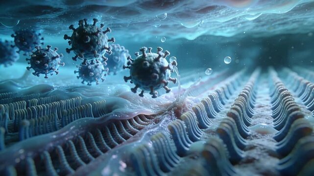 Drifting spiky virus nearing ridged cell surface from left, seeking contact, displacing mucus spray