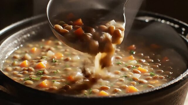 Thick Homemade Lentil Soup Flowing from a Ladle with Steam, Close-Up Food Footage