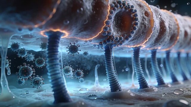 Forming droplet on cilia tube sliding down cilium by tension, pulling film, spikes at micro scale
