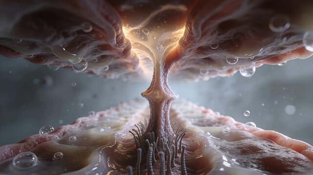 Tether stretching pulling spiky particle toward cilia at mucus coated fold, forming viscous bridge