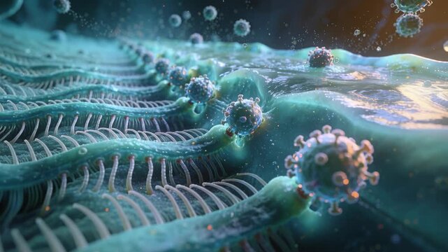 Mucus flow driving viral particles with spikes contacting ciliated airway surface binding receptors
