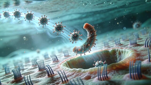 Approaching spheres and curved rod moving in fluid to membrane pit, binding receptors entering cell