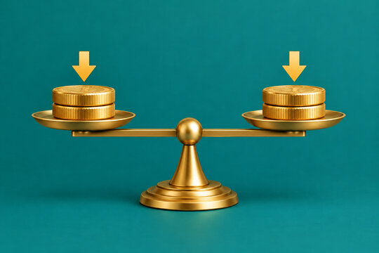 Balanced Coins on Scales: A golden balance scale displays two stacks of coins, each with a downward-pointing arrow, suggesting a concept of equal value or a balanced financial situation.