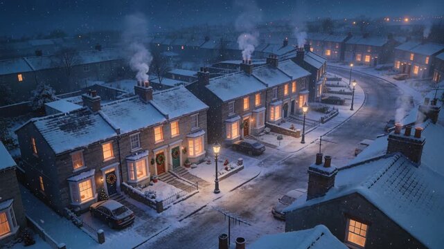 Falling snow accumulating on row houses at night, with smoking chimneys, wreaths, lit tree