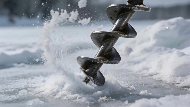 Drilling auger bit tip hitting ice, spinning and cutting frozen lake, creating hole, ejecting slush