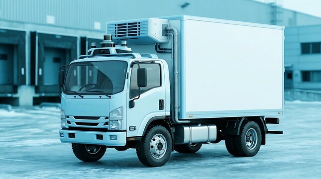 White autonomous refrigerated delivery truck at a warehouse loading dock