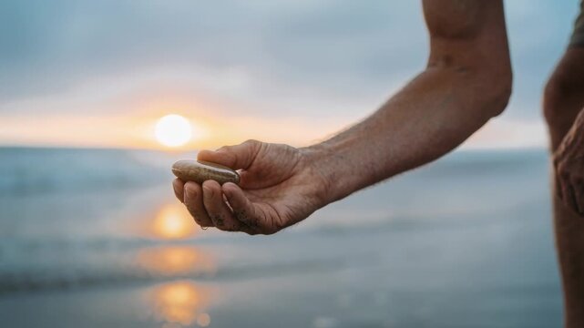 Bending man on beach in shorts holding stones watching drops as wave nearing sunset, copy space