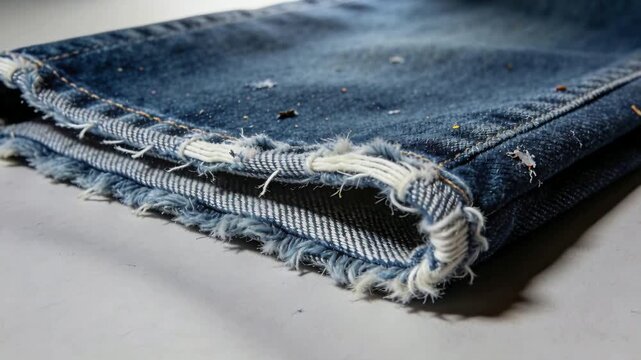 Camera moving closer to folded blue denim hem on light tabletop, revealing frayed selvedge and lint