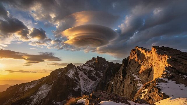 Shifting lenticular clouds bulging over ridge at dawn, sunlight lighting right cliff and snow