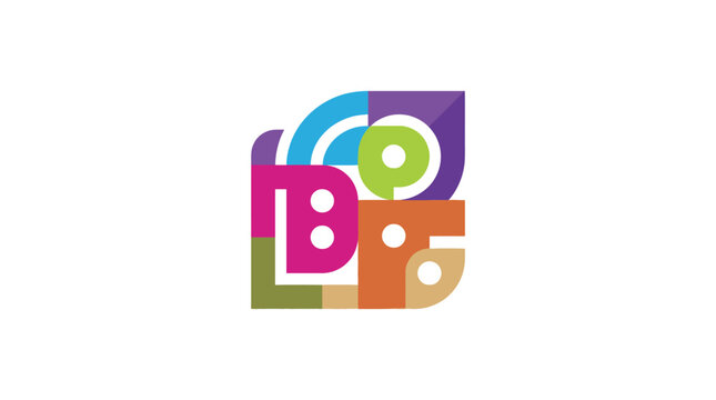 Abstract monogram logo combining letters and organic shapes in a dynamic multicolor architectural formation.