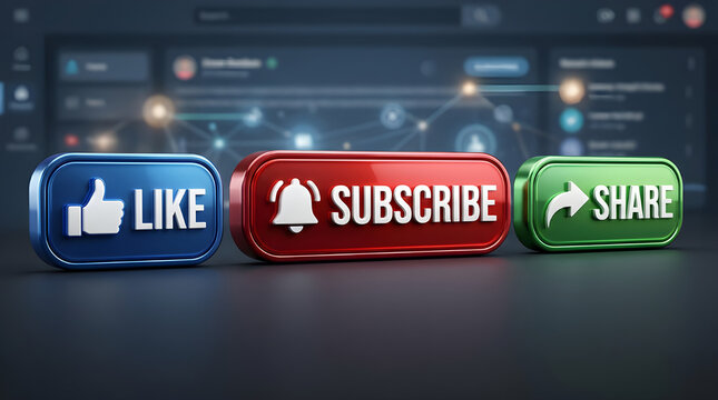 Social media buttons like subscribe and share rendered in glossy 3d design against dark digital background studio lighting