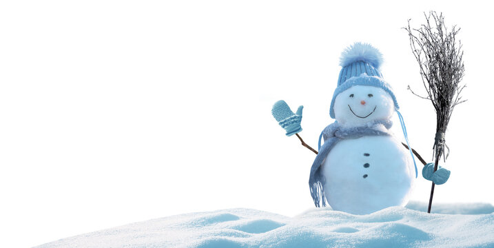 Cute snowman in a blue hat and scarf isolated on transparent background. Cheerful snowman with a broom png
