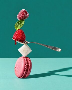 Raspberry and dessert objects in an impossible balance, featuring a frosty berry and pink macaron for a creative food menu and copy space