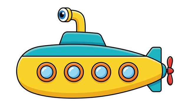 Cute yellow and blue cartoon submarine with a periscope and portholes on isolated background