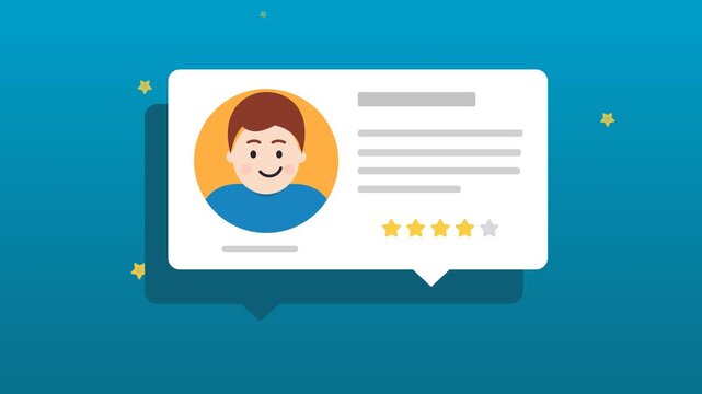 Seamless looping flat design animation of a customer testimonial card: a white speech bubble card floats gently over a darker offset shadow card, the.