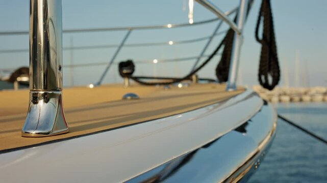 Close-up of a chrome railing stanchion on the teak deck of a white yacht bow with black mooring ropes and a marina behind, French Riviera, France.