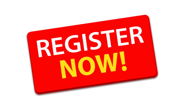 A red rectangular button with the text register now in white and yellow letters isolated on transparent background