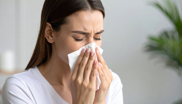 sick woman blowing her nose
