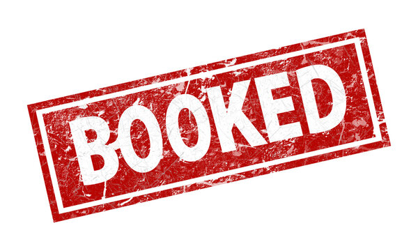 A red grungestyle stamp with the white word booked inside a doublelined rectangular border, isolated on transparent background
