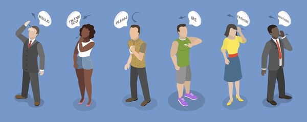 3D Isometric Flat Illustration of Sign Language, Character Showing Simple Sign Language Phrases, Greetings, Thank You, Help, Family © Anastasiia Torianyk/imageBROKER
