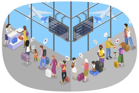3D Isometric Flat Illustration of Airport Queue, Scene with Airplane Passengers