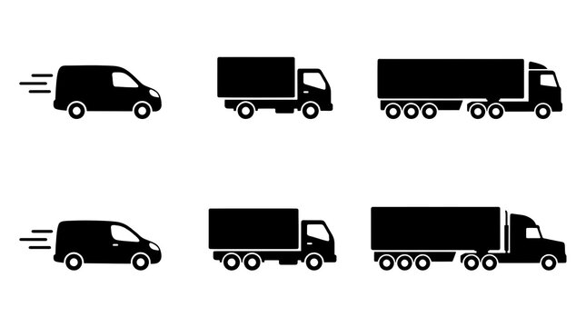 Collection of solid black transport vehicle icons featuring delivery vans with motion lines, small box trucks, various multi-axle cargo trucks, and large semi-trailer trucks arranged in two rows
