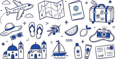 Set of travel and vacation themed doodle icons © Parvin Akter