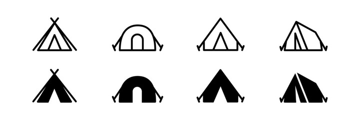 Camping tent icon set featuring hiking, outdoor camping, campground and shelter symbols, vector illustration © ArtStock