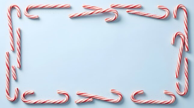 Candy cane frame on a pastel blue background perfect for holiday themed designs