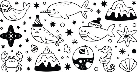 Cute Christmas vector set with arctic animals, seals, narwhal, whale, seahorse, crab © Tamimkhangeox