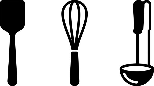 Set of black silhouette icons representing kitchen tools for cooking and baking