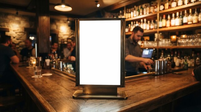 Blank vertical sign mockup standing on a rustic wooden bar counter in a dimly lit pub with a blurred bartender background